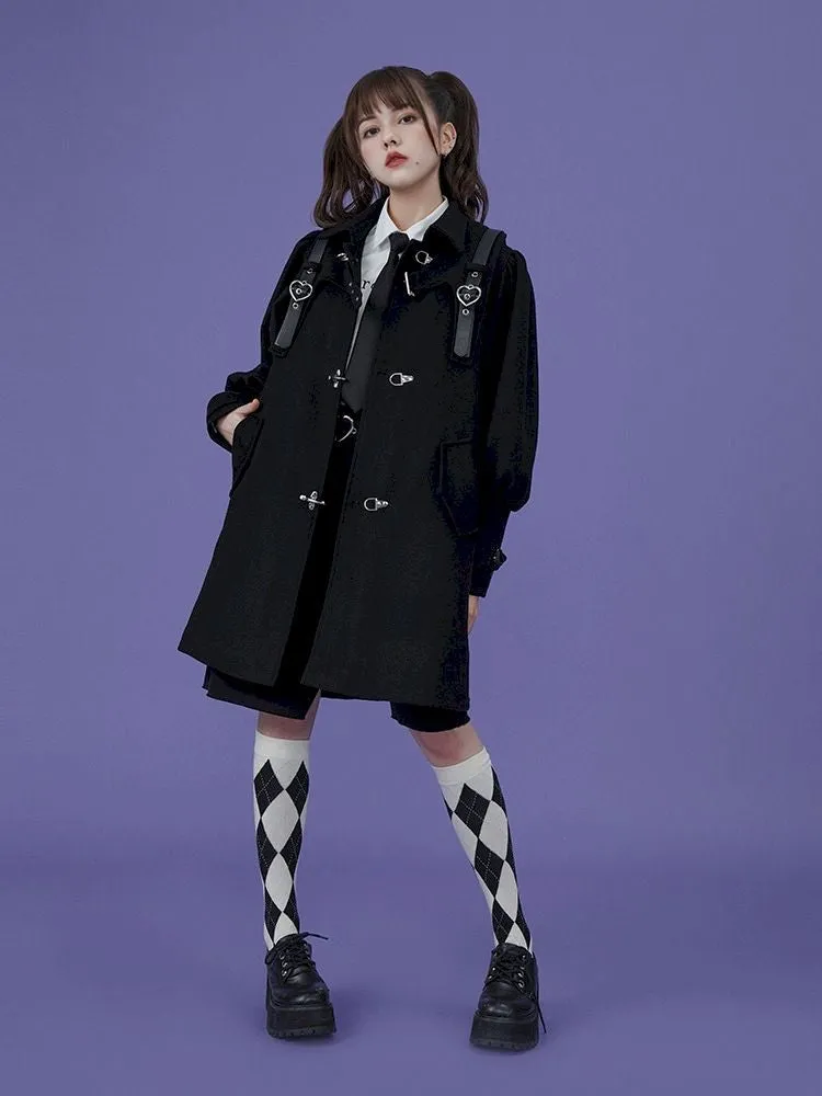 dark metal belt buckle wool quilted coat