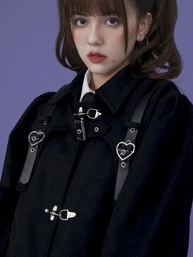 dark metal belt buckle wool quilted coat