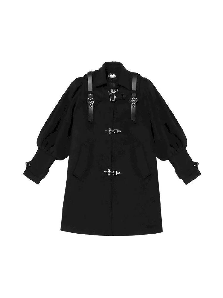 dark metal belt buckle wool quilted coat