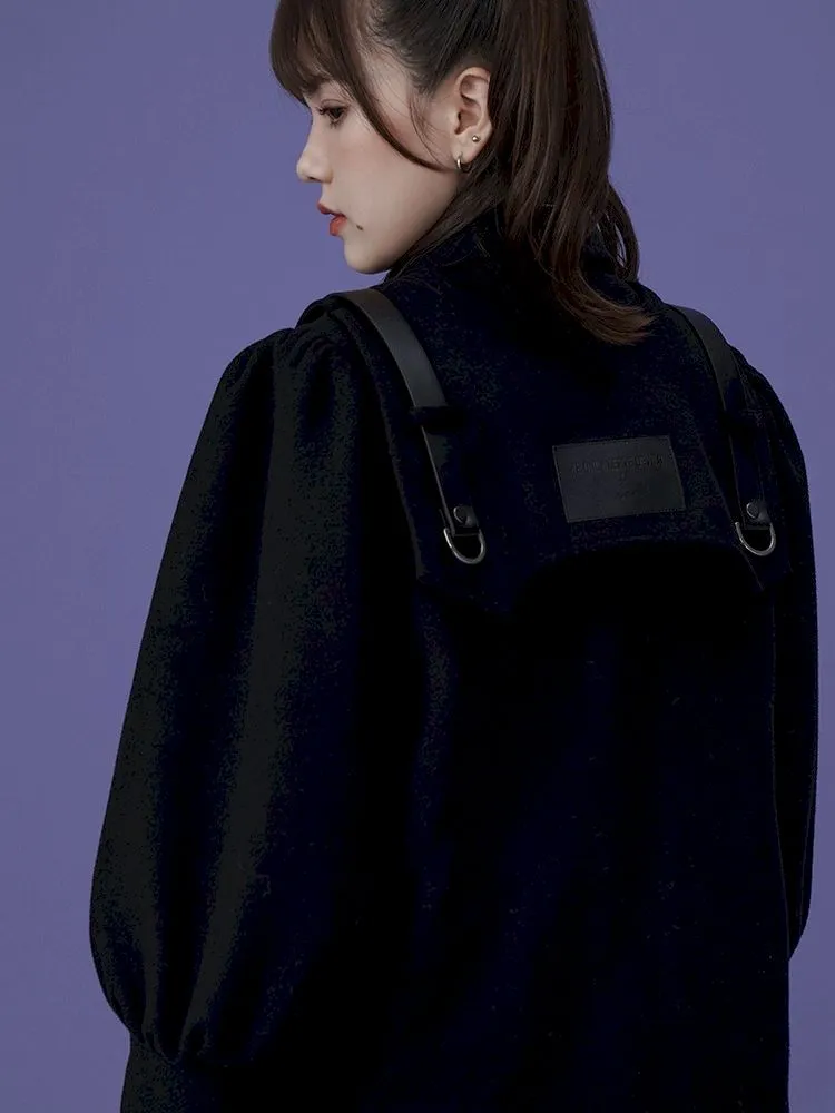 dark metal belt buckle wool quilted coat