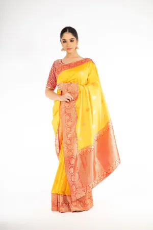 Engrossing Yellow and Red Color Handloom Banarasi Silk Saree