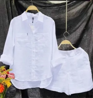 Fashion White Long Sleeve Shirt and Shorts Two-Piece Set