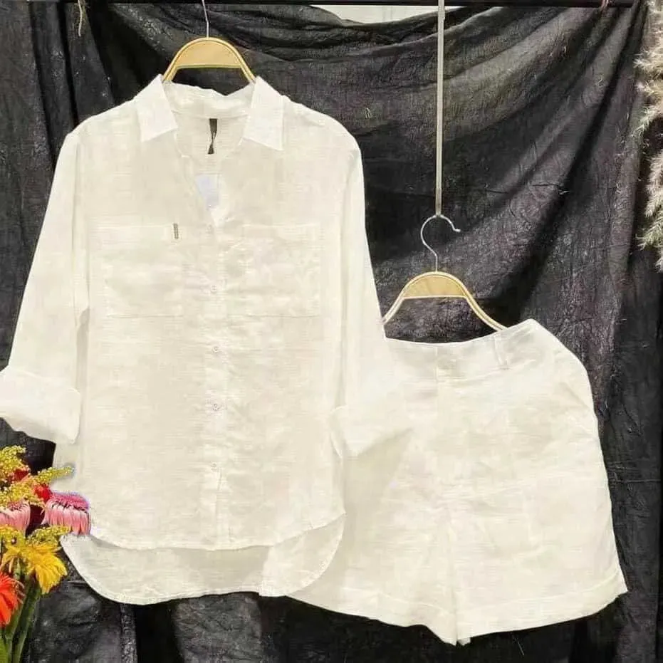 Fashion White Long Sleeve Shirt and Shorts Two-Piece Set