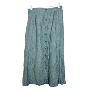 FLAX Womens Green Blue 100% Linen Button Front Maxi Skirt Lagenlook
