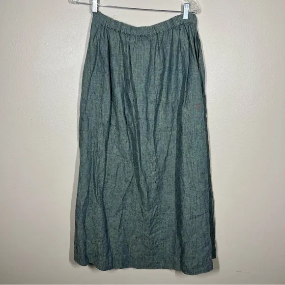 FLAX Womens Green Blue 100% Linen Button Front Maxi Skirt Lagenlook