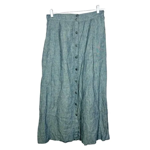FLAX Womens Green Blue 100% Linen Button Front Maxi Skirt Lagenlook
