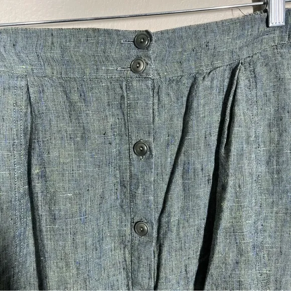 FLAX Womens Green Blue 100% Linen Button Front Maxi Skirt Lagenlook