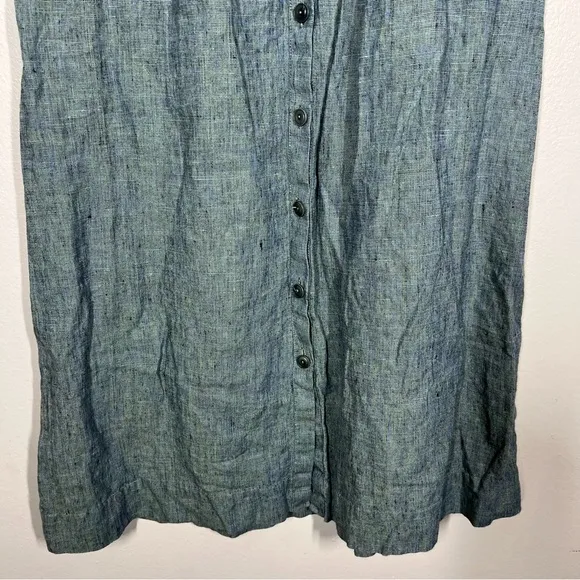 FLAX Womens Green Blue 100% Linen Button Front Maxi Skirt Lagenlook