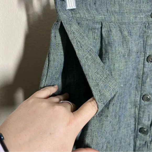 FLAX Womens Green Blue 100% Linen Button Front Maxi Skirt Lagenlook
