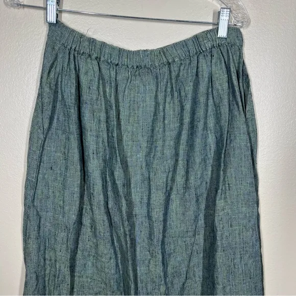 FLAX Womens Green Blue 100% Linen Button Front Maxi Skirt Lagenlook