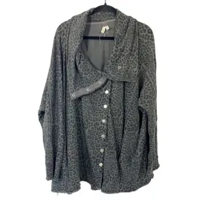 Free People We the Free Gray Leopard Print Sweatshirt Jacket Oversized LARGE