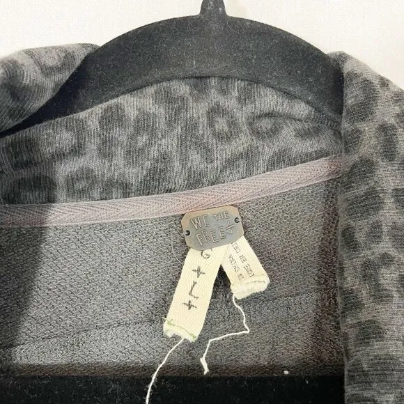 Free People We the Free Gray Leopard Print Sweatshirt Jacket Oversized LARGE