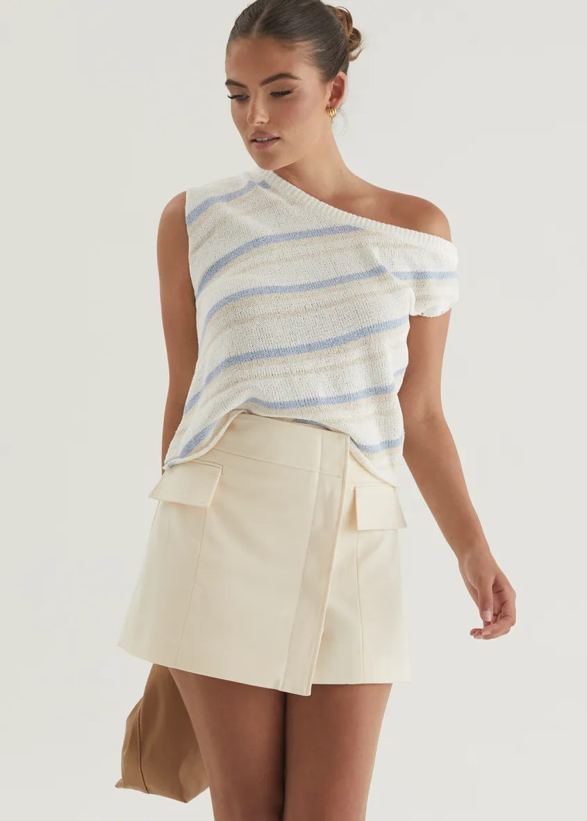 Gracie One Shoulder Knit Top - Blue Stripe