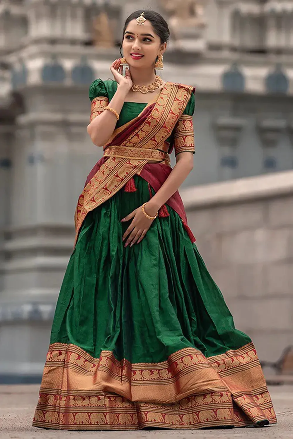 Green Cotton Silk Jacquard Half Lehenga Saree