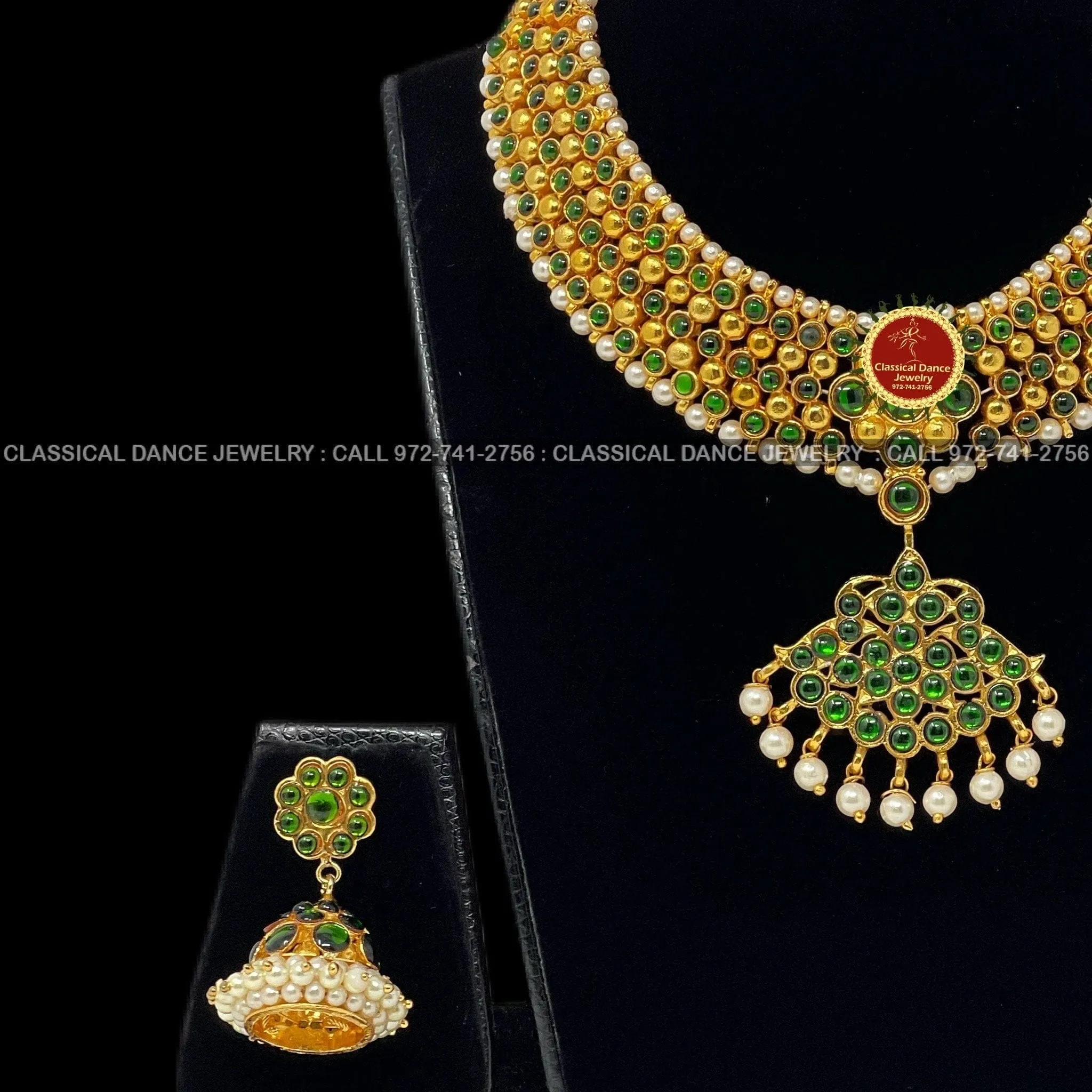 Green Kemp Pearls Temple Indian Jewelry | Bharatnatyam, Kuchipudi, Engagement, Weddings, Birthdays | Classical Dance Jewelry