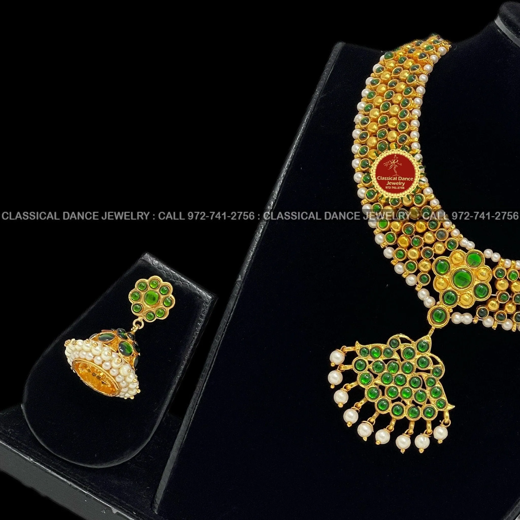 Green Kemp Pearls Temple Indian Jewelry | Bharatnatyam, Kuchipudi, Engagement, Weddings, Birthdays | Classical Dance Jewelry