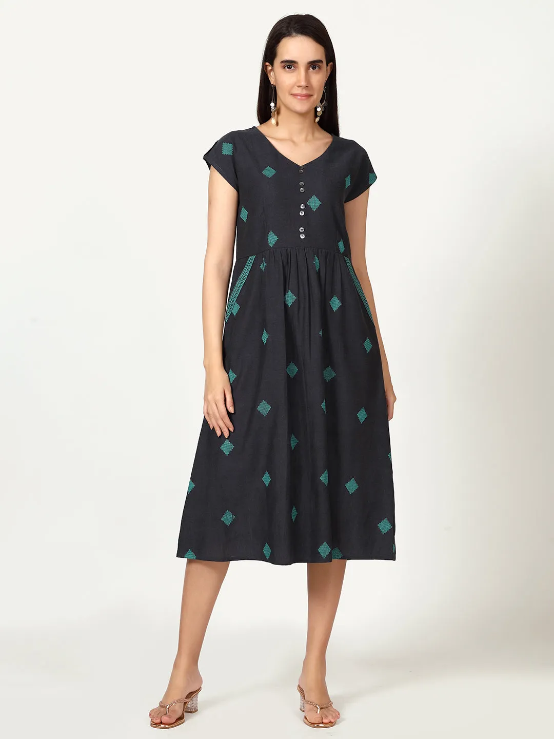 Grey Geometric Woven Design Midi Dress with Embroidered Pockets