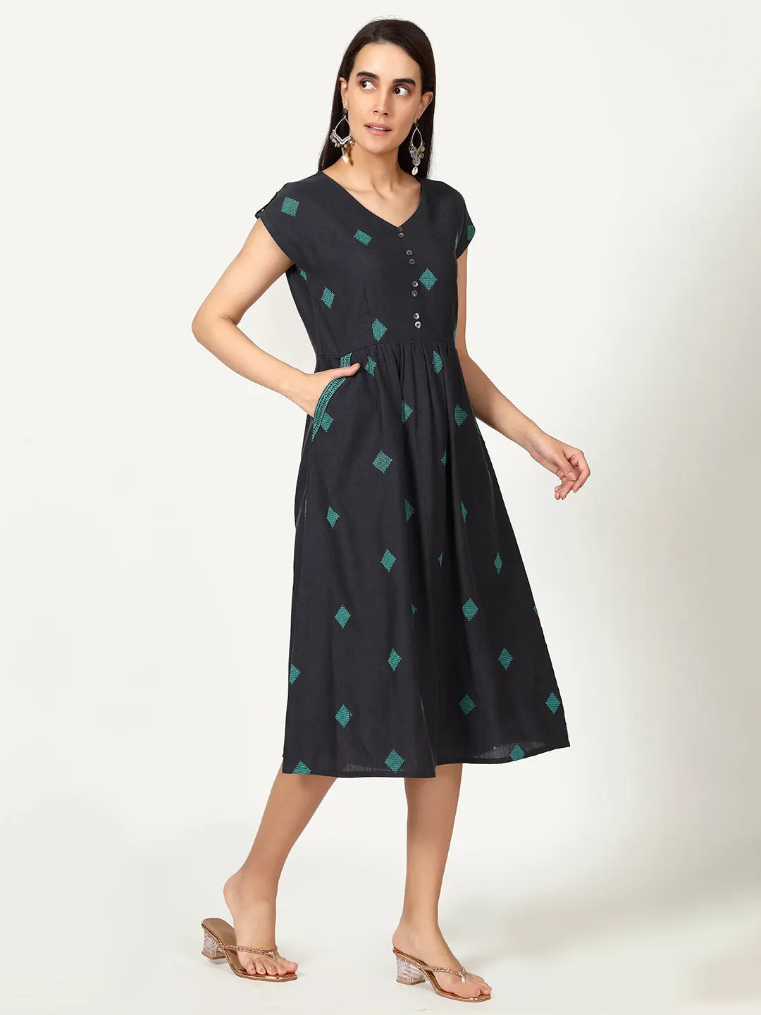 Grey Geometric Woven Design Midi Dress with Embroidered Pockets