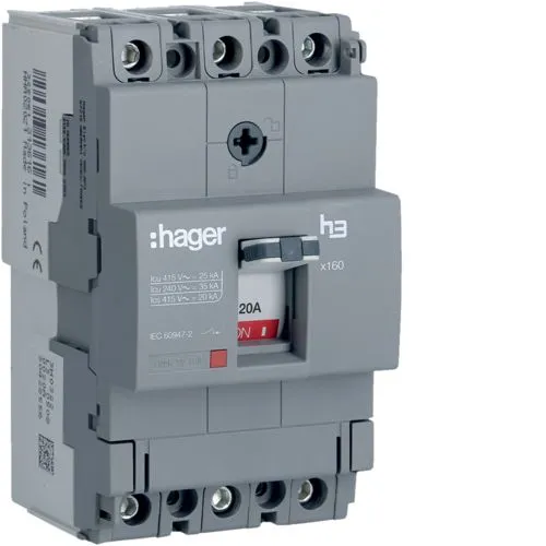Hager HHA020Z 20A 25kA Triple Pole Fixed Thermal TM MCCB h3 x160