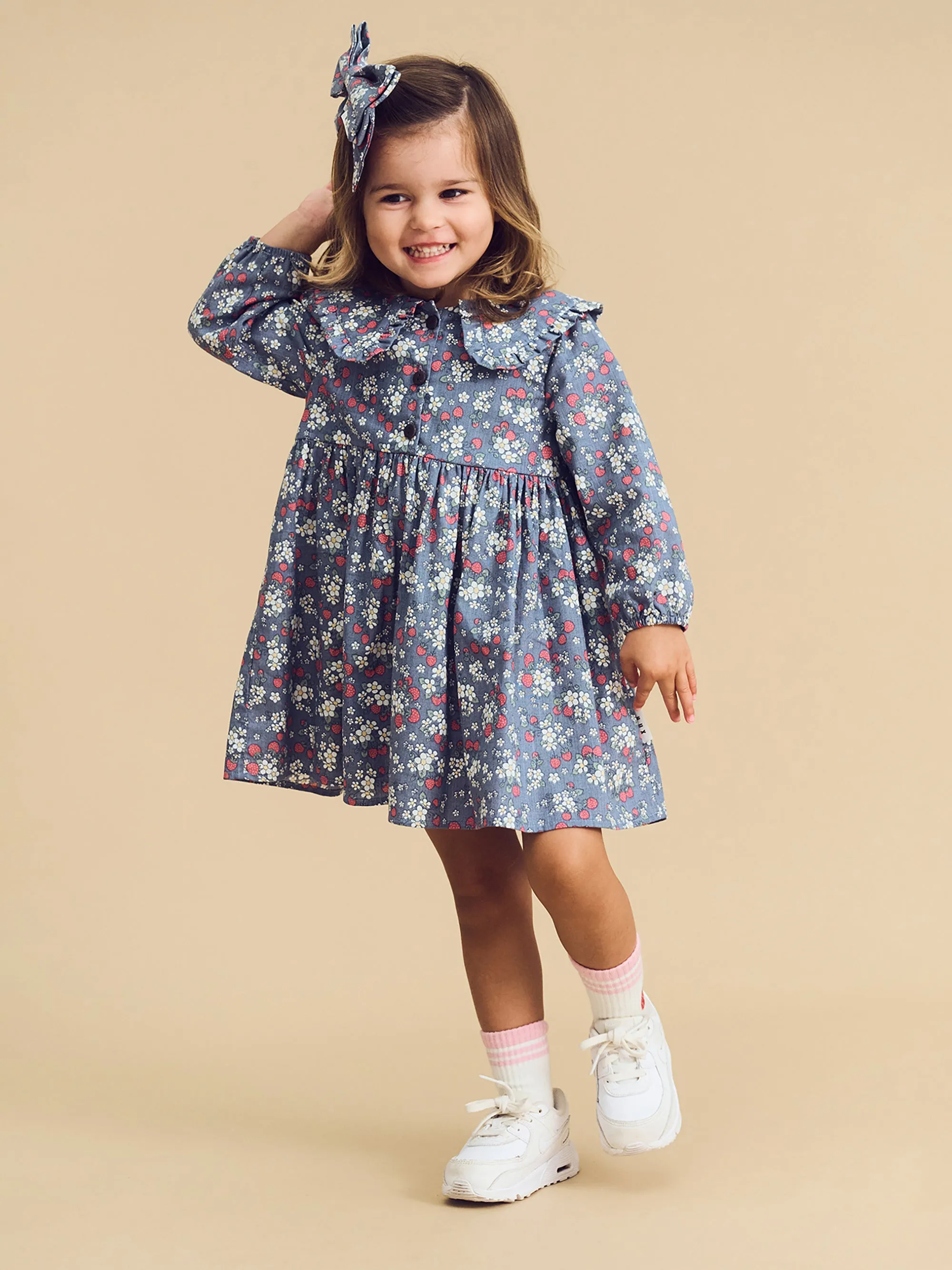 Huxbaby Vintage Strawberry Collar Dress Dusty Blue