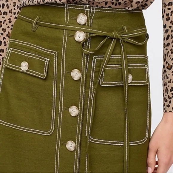 Jcrew Button-Up Linen Skirt in Olive Green Sz 14