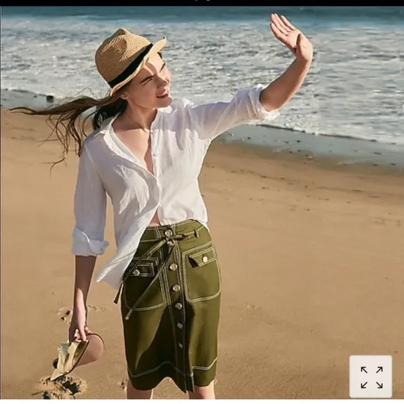 Jcrew Button-Up Linen Skirt in Olive Green Sz 14