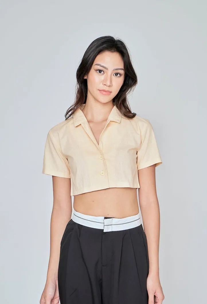 Jhil Beige Linen Collared Button Closure Short Sleeves Top