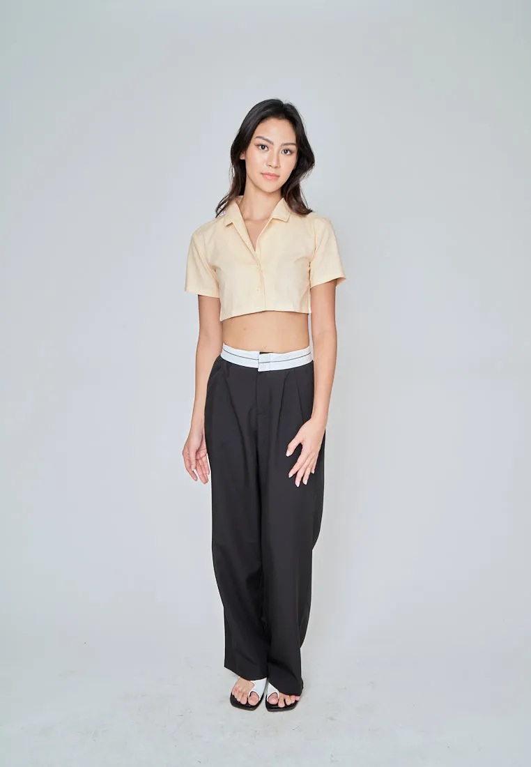 Jhil Beige Linen Collared Button Closure Short Sleeves Top