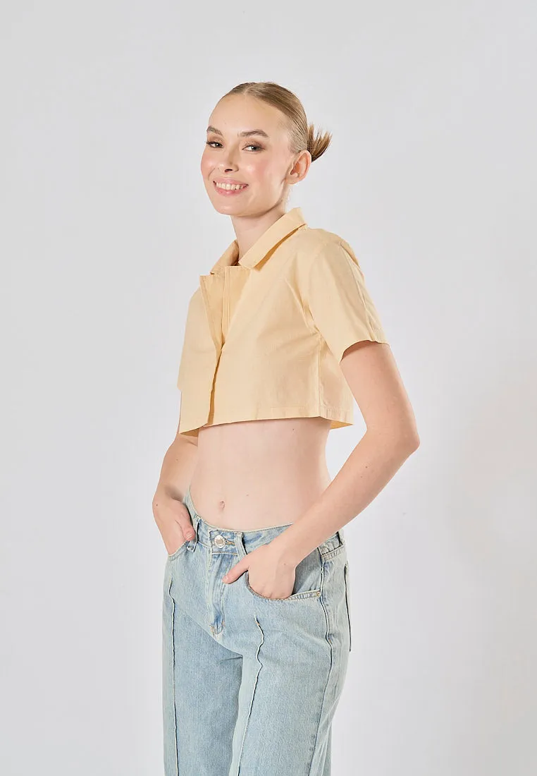 Jhil Beige Linen Collared Button Closure Short Sleeves Top