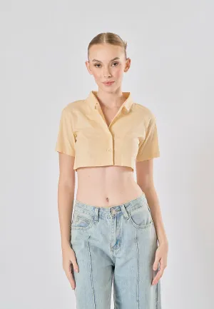Jhil Beige Linen Collared Button Closure Short Sleeves Top