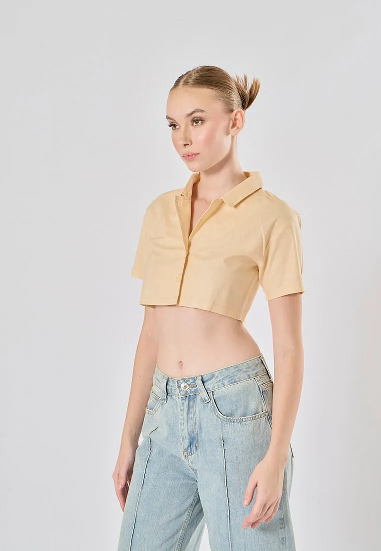Jhil Beige Linen Collared Button Closure Short Sleeves Top