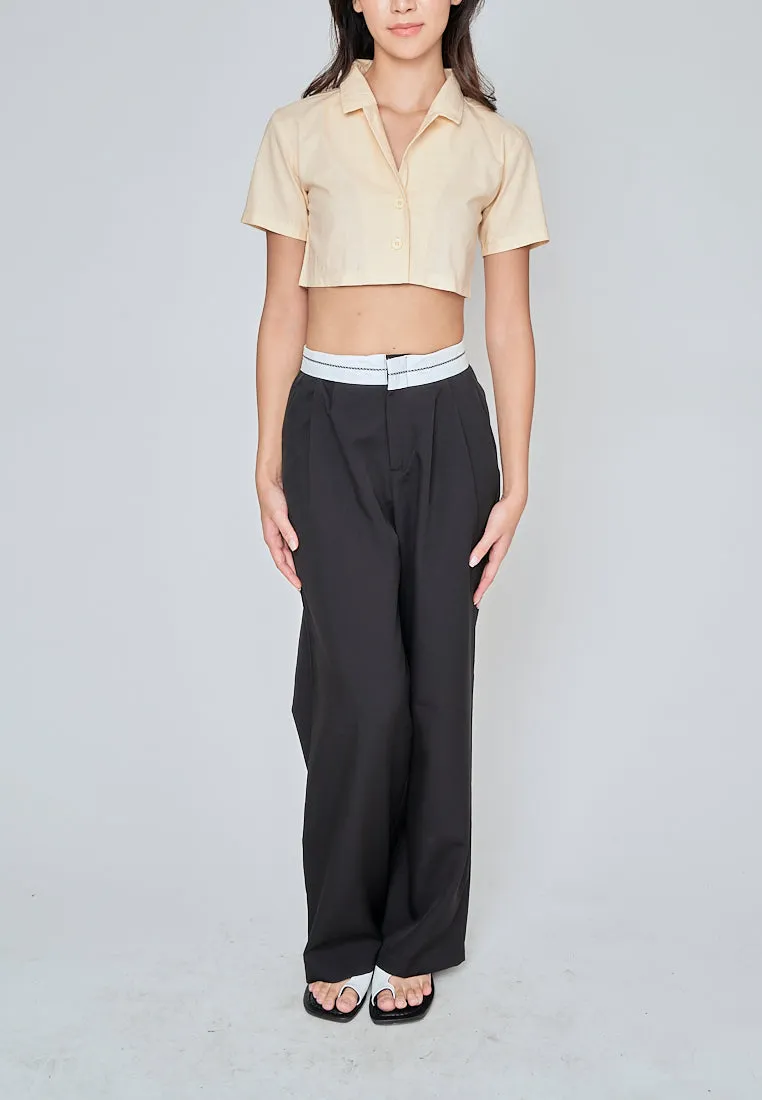 Jhil Beige Linen Collared Button Closure Short Sleeves Top