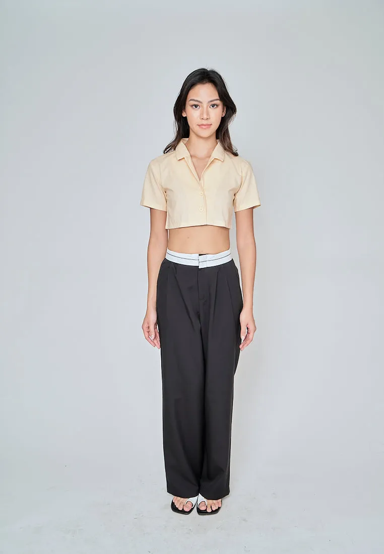Jhil Beige Linen Collared Button Closure Short Sleeves Top