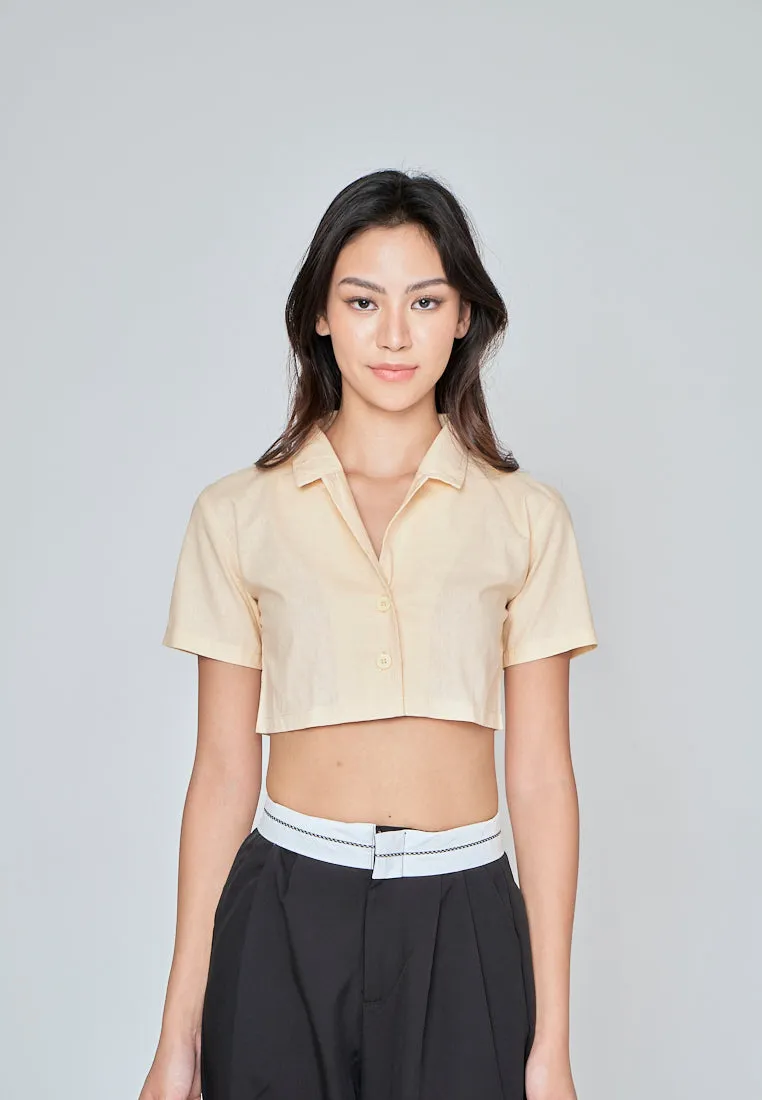 Jhil Beige Linen Collared Button Closure Short Sleeves Top