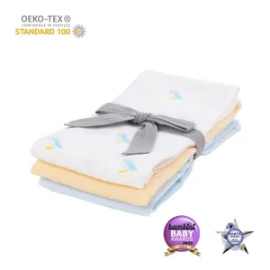 KIKI & SEBBY Bamboo & Cotton Muslin Squares (70 x 70 cm) - Puffin   Yellow   Blue