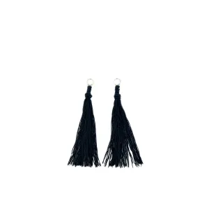 Kumihimo Braided Pure Black Natural Silk Tassel Boho Pierced Earring Enhancer- Sterling Silver 2 Inch