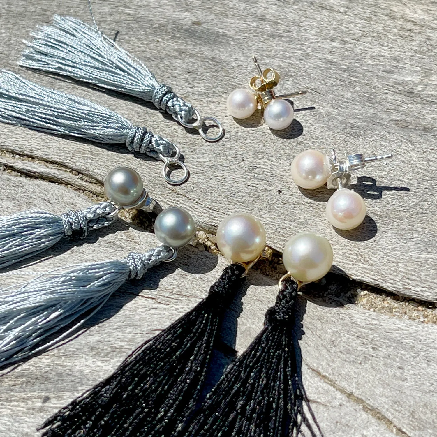 Kumihimo Braided Pure Black Natural Silk Tassel Boho Pierced Earring Enhancer- Sterling Silver 2 Inch