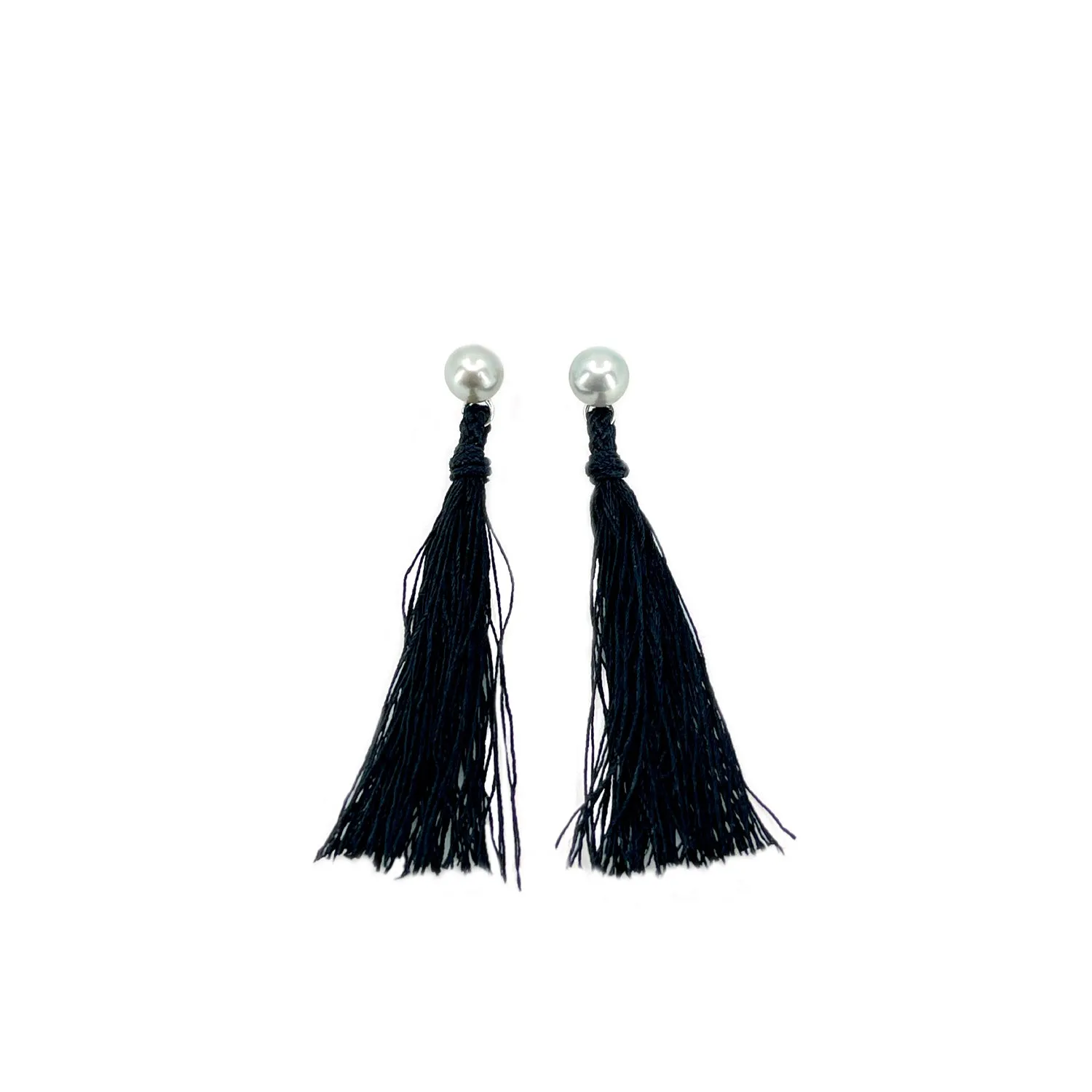 Kumihimo Braided Pure Black Natural Silk Tassel Boho Pierced Earring Enhancer- Sterling Silver 2 Inch