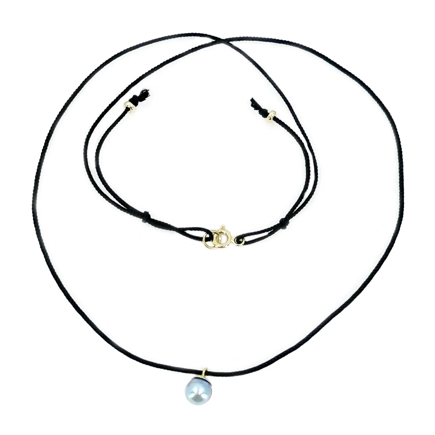 Kumihimo Braided Pure Black Silk Vintage Blue Akoya Saltwater Cultured Pearl Adjustable Necklace-14K Yellow Gold