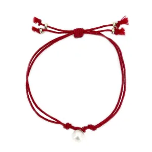Kumihimo Braided Red Vermillion Silk Vintage Akoya Saltwater Cultured Pearl Adjustable Bracelet-14K Yellow Gold