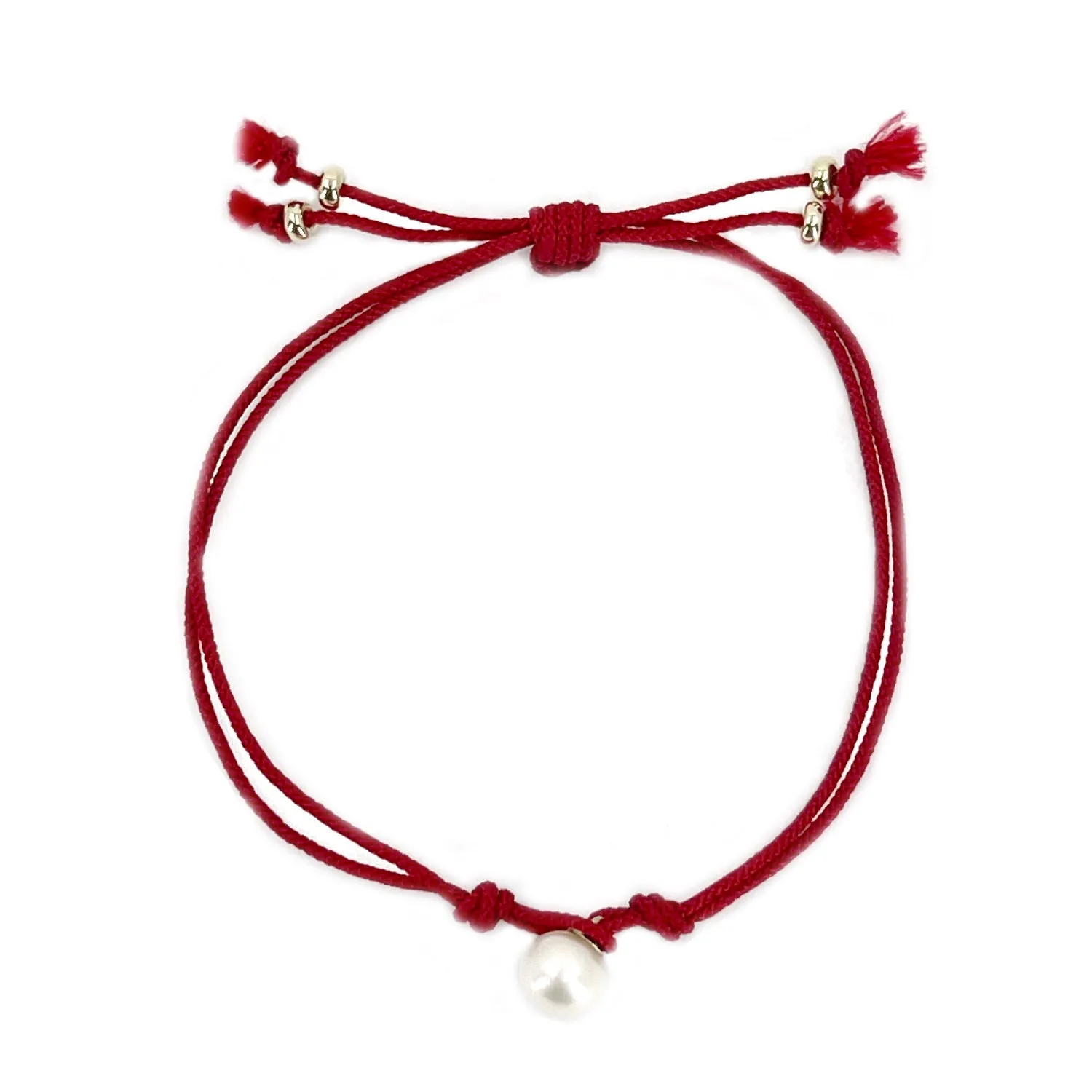 Kumihimo Braided Red Vermillion Silk Vintage Akoya Saltwater Cultured Pearl Adjustable Bracelet-14K Yellow Gold