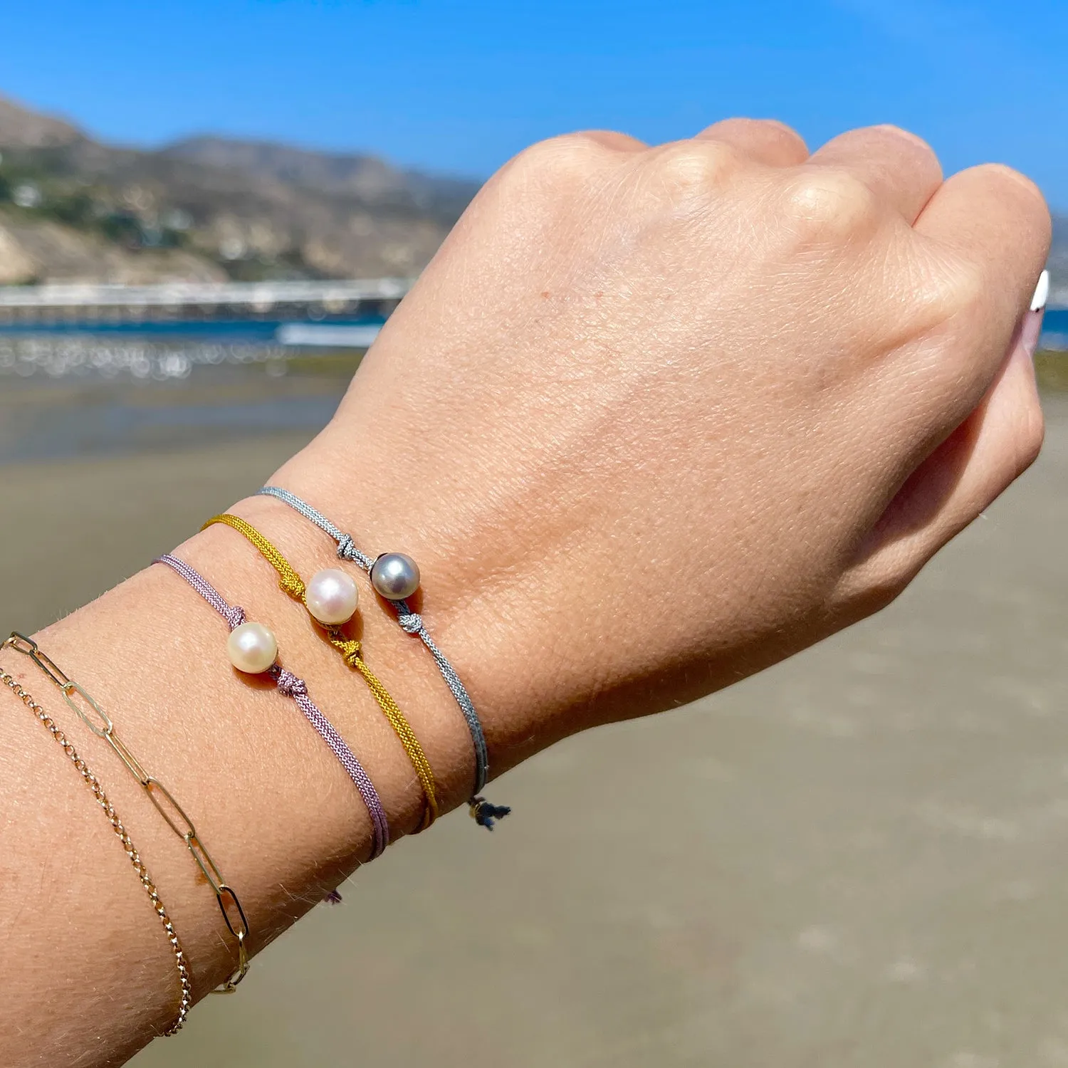 Kumihimo Braided Red Vermillion Silk Vintage Akoya Saltwater Cultured Pearl Adjustable Bracelet-14K Yellow Gold