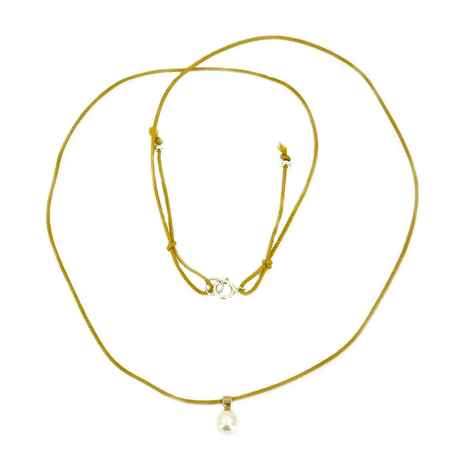 Kumihimo Braided Yellow Ocher Silk Vintage Akoya Saltwater Cultured Pearl Adjustable Modernist Necklace-14K Yellow Gold