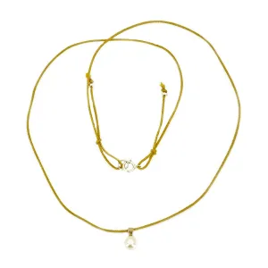 Kumihimo Braided Yellow Ocher Silk Vintage Akoya Saltwater Cultured Pearl Adjustable Modernist Necklace-14K Yellow Gold