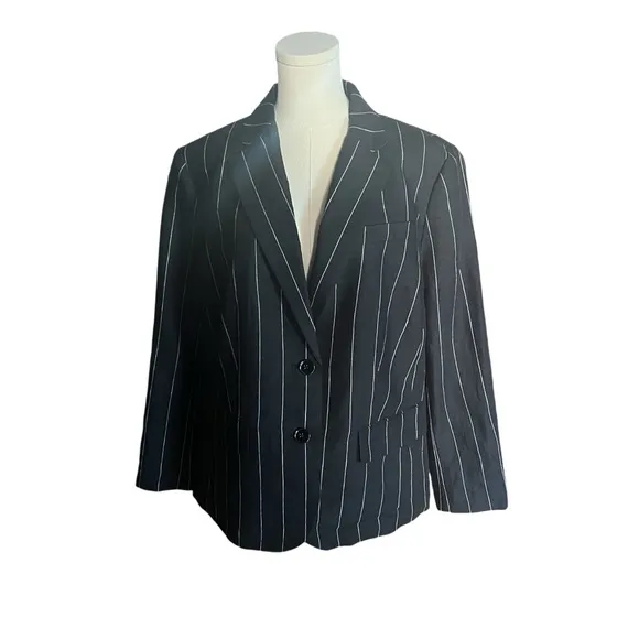 Lauren Ralph Lauren Linen Pinstripe Blazer Black &amp; Cream Transitional NEW 16