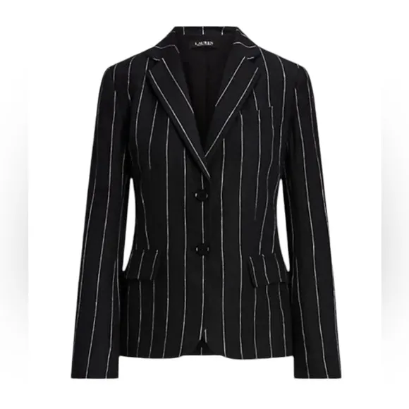 Lauren Ralph Lauren Linen Pinstripe Blazer Black &amp; Cream Transitional NEW 16