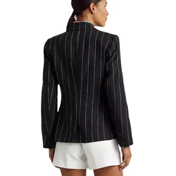 Lauren Ralph Lauren Linen Pinstripe Blazer Black &amp; Cream Transitional NEW 16