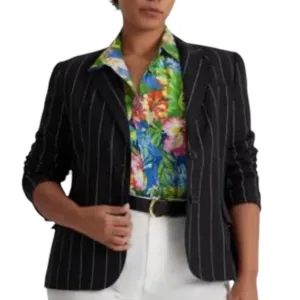 Lauren Ralph Lauren Linen Pinstripe Blazer Black &amp; Cream Transitional NEW 16