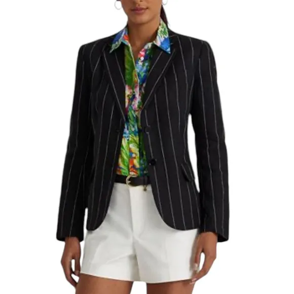 Lauren Ralph Lauren Linen Pinstripe Blazer Black &amp; Cream Transitional NEW 16