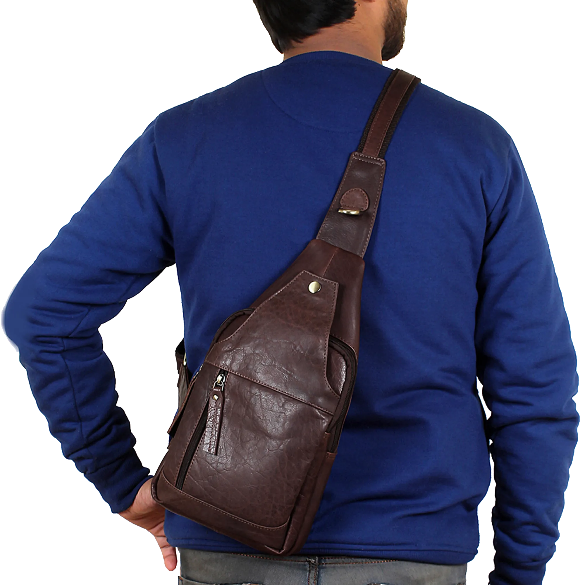 Leather Sling Bag, Chest Shoulder Backpack for Men Women (Dark Brown)